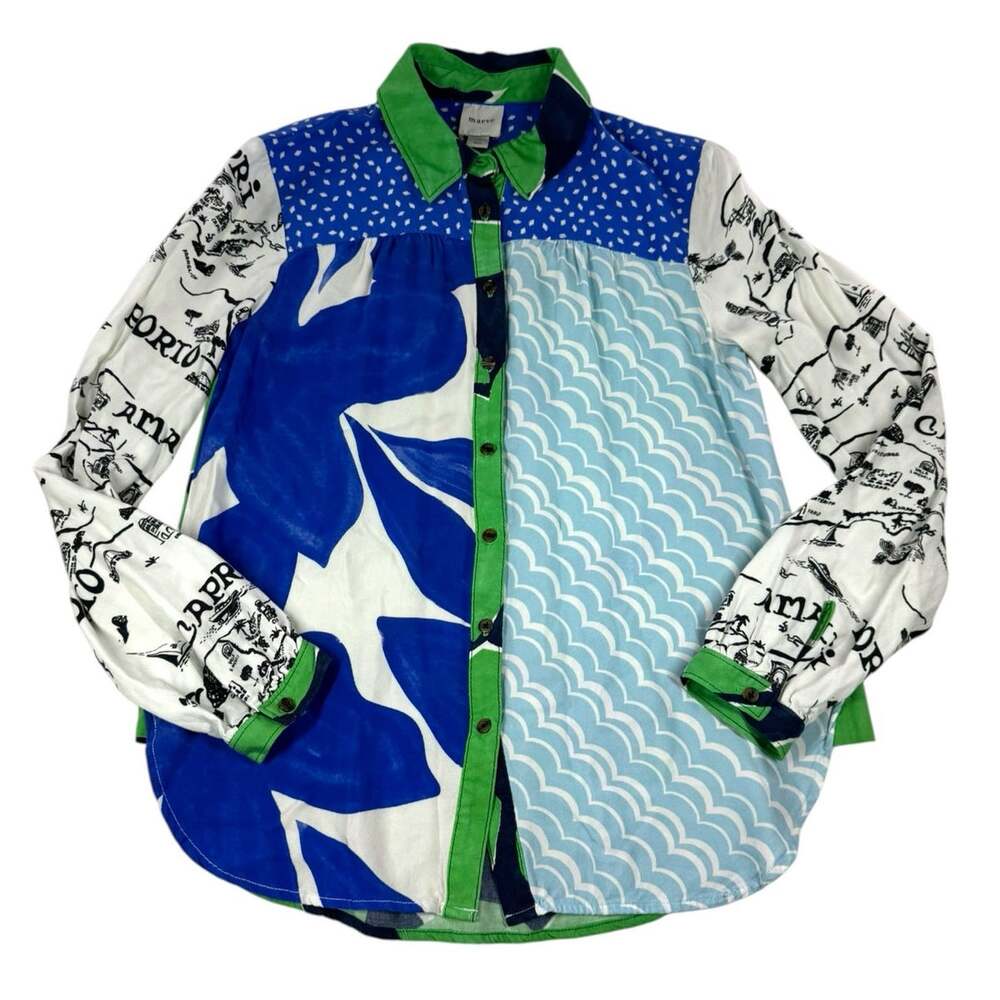 Anthropologie Maeve Paz Contrast Button Down Shirt XS Mixed Print Blouse Boho